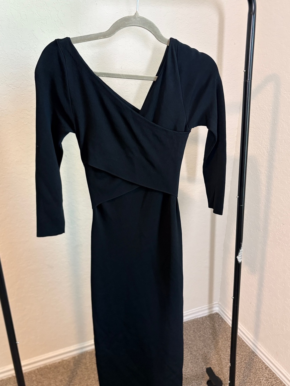 Theory Black Long-Sleeve Wrap-Style Asymmetrical Knit Midi Dress